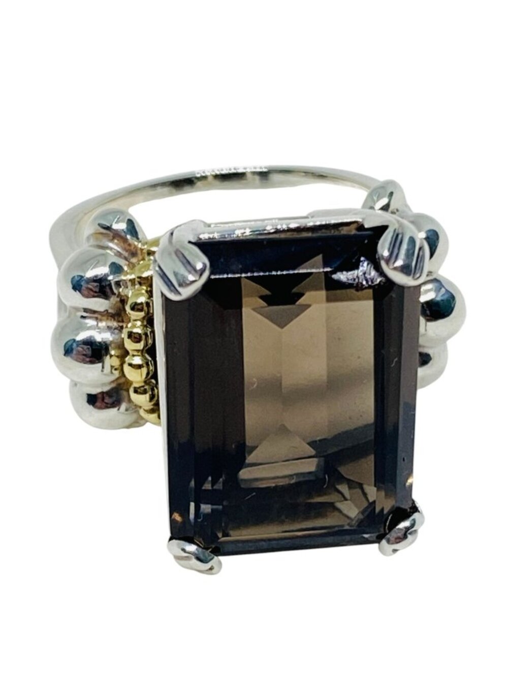 Lagos Caviar Sterling Silver 925 18K 750 Smokey Stone Ring  Size 8